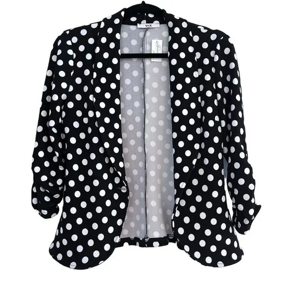 V&X Black & White Polka Dot Blazer 3/4 Sleeve Size Small - Picture 2 of 4